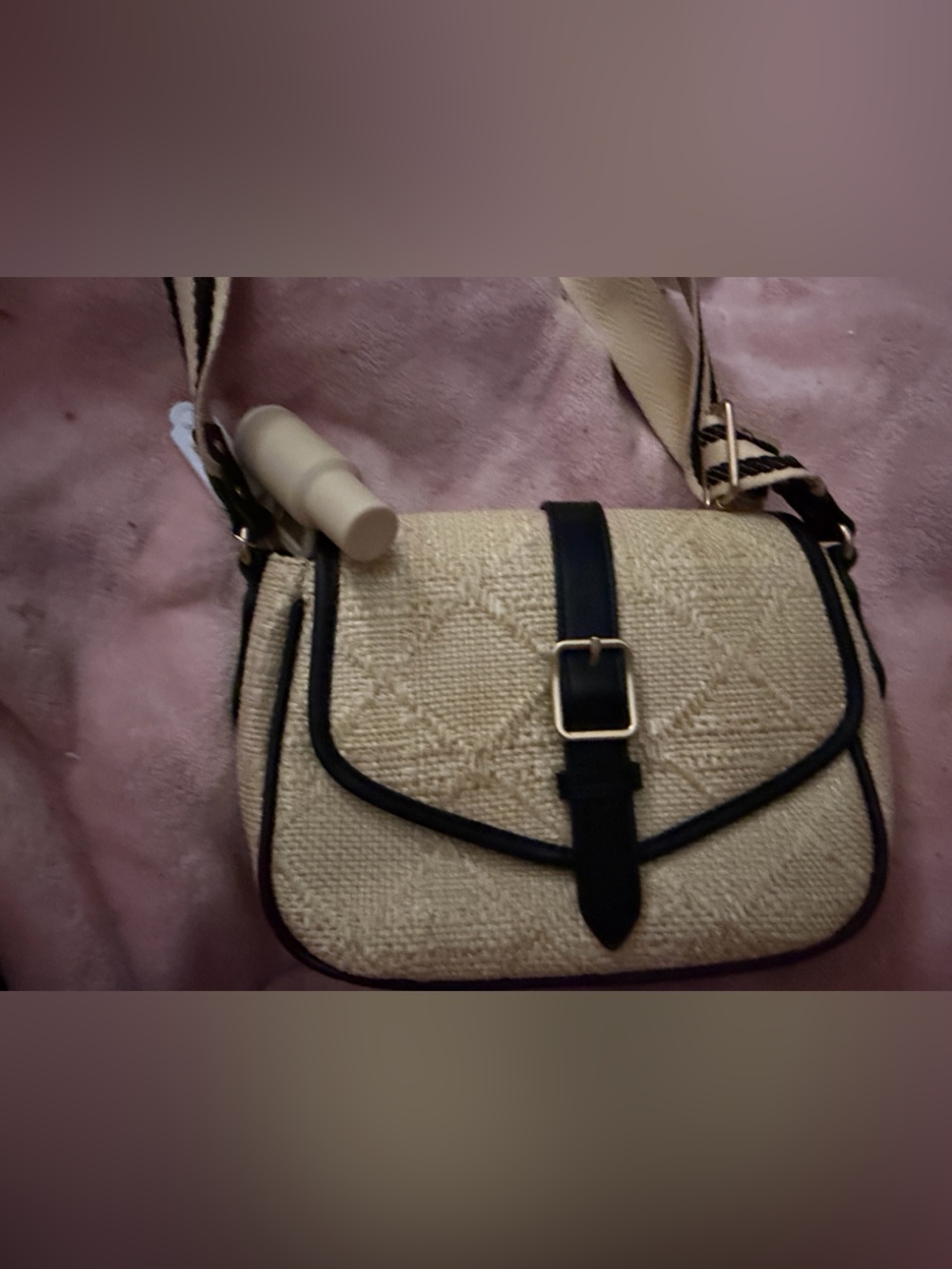 Women's Beige Woven Crossbody Bag with Black Trim